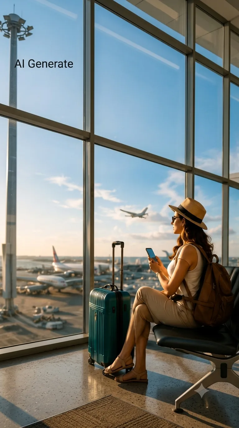 Viajera revisando su itinerario en el aeropuerto